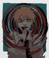 Rule 34 | 1boy, black necktie, blonde hair, chainsaw man, collared shirt, denji (chainsaw man), green eyes, highres, looking at viewer, nakano (2 mannaka), necktie, shirt, short hair, solo, sweat, tongue, tongue out, two-tone background, warped, white background, white shirt