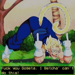 Rule 34 | 1boy, artist request, ass, blonde hair, boots, dragon ball, dragonball z, earrings, english text, fang, flexible, forest, full body, gloves, grass, grin, highres, jack-o&#039; challenge, jewelry, looking at viewer, male focus, manly, meme, middle finger, muscular, nature, open mouth, pants, parody, potara earrings, smile, smug, solo, spiked hair, spread legs, super saiyan, thick thighs, thighs, top-down bottom-up, v-shaped eyebrows, vegetto, what, wide spread legs