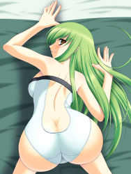 Rule 34 | 00s, 1girl, abu, all fours, ass, back, bed, bed sheet, bent over, blush, breasts, butt crack, c.c., code geass, from above, from behind, green hair, long hair, looking back, profile, smile, solo, swimsuit, top-down bottom-up, yellow eyes