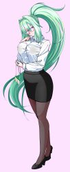 Rule 34 | 1girl, absurdres, alternate costume, black footwear, black pantyhose, black skirt, breasts, closed mouth, collared shirt, commentary request, formal, full body, glasses, green hair, green heart (neptunia), highres, holding, id card, large breasts, long hair, long sleeves, looking at viewer, nekoring, neptune (series), office lady, pantyhose, pink background, ponytail, purple eyes, see-through, semi-rimless eyewear, shirt, simple background, skirt, skirt suit, smile, solo, standing, suit, symbol-shaped pupils, under-rim eyewear, wet, wet clothes, wet shirt, white shirt