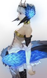 Rule 34 | 1girl, absurdres, armor, armored dress, bare shoulders, blazpu, breasts, choker, cleavage, crown, dress, feathers, from side, greaves, gwendolyn (odin sphere), highres, multicolored wings, odin sphere, polearm, simple background, solo, spear, strapless, strapless dress, valkyrie, weapon, white hair, wings