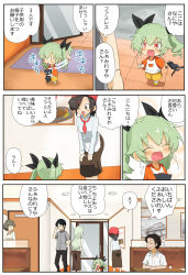 Rule 34 | anchovy (girls und panzer), anzai romi, embarrassed, girls und panzer, glasses, green hair, hair ribbon, highres, jinguu (4839ms), long hair, mother and daughter, red eyes, restaurant, ribbon, smile, stuffed animal, stuffed toy, translation request, tsuji renta, waitress, wheel