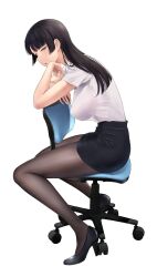 Rule 34 | 1girl, arm rest, black footwear, black hair, black skirt, blue eyes, blunt bangs, breasts, brown pantyhose, chair, collared shirt, commentary request, from side, full body, head rest, high heels, highres, large breasts, long hair, looking at viewer, office chair, office lady, on chair, open mouth, original, pantyhose, pencil skirt, see-through silhouette, shirt, shirt tucked in, short sleeves, sitting, sitting backwards, skirt, solo, swivel chair, wa (genryusui), white shirt
