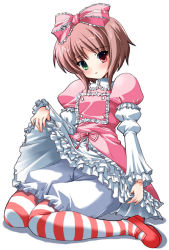 Rule 34 | 00s, 1girl, bloomers, bow, brown hair, clothes lift, frills, green eyes, heterochromia, pink bow, puffy sleeves, red eyes, rozen maiden, shinshin, short hair, sitting, skirt, skirt lift, solo, souseiseki, striped clothes, striped thighhighs, thighhighs, underwear, white bloomers