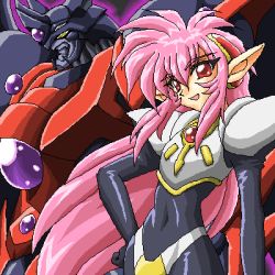 Rule 34 | 1990s (style), 1girl, armor, bodysuit, breastplate, breasts, curvy, dragon (artist), female focus, long hair, long pointy ears, looking at viewer, lowres, magic knight rayearth, mecha, nova (rayearth), pink hair, pointy ears, retro artstyle, robot, smile