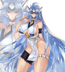 Rule 34 | 1girl, android, bare shoulders, blue eyes, blue hair, breasts, cleavage, cyborg, elbow gloves, forehead protector, gloves, gond, kos-mos, large breasts, long hair, looking at viewer, multiple girls, red eyes, simple background, solo, thighhighs, very long hair, weapon, xenosaga, xenosaga episode i