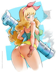 Rule 34 | 1girl, arched back, ass, bayeuxman, blonde hair, breasts, camisole, cleft of venus, cowboy shot, dragon ball, from behind, gloves, green eyes, gun, headband, highres, impossible clothes, impossible shirt, long hair, looking back, lunch (bad) (dragon ball), lunch (dragon ball), m1 bazooka, non japanese, one eye closed, rocket launcher, shirt, short shorts, shorts, sideboob, simple background, smoke, smoking barrel, solo, tank top, thighs, thong, watermark, weapon