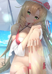 Rule 34 | 1girl, beach, bikini, blonde hair, blush, breasts, closed mouth, collarbone, drill hair, drill sidelocks, flower hat, fn-49 (daydream under the parasol) (girls&#039; frontline), fn-49 (girls&#039; frontline), girls&#039; frontline, green eyes, hand on own arm, hand on own knee, hat, jewelry, lips, long hair, looking at viewer, medium breasts, nail polish, navel, ocean, pink bikini, pink nails, ring, sand, sarasa (kanbi), seafloor, sidelocks, sitting, smile, solo, sun hat, swimsuit, white hat