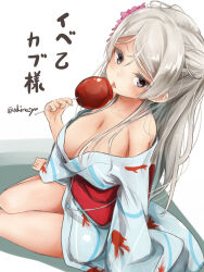 Rule 34 | 1girl, akino shuu, barefoot, blue kimono, breasts, brown eyes, candy apple, cleavage, conte di cavour (kancolle), food, grey hair, holding, holding food, japanese clothes, kantai collection, kimono, large breasts, long hair, long sleeves, obi, official alternate costume, sash, solo, tongue, tongue out, twitter username, wide sleeves