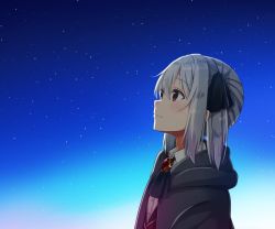 Rule 34 | 1girl, cierra runis, hair ribbon, overidea, red eyes, ribbon, ryucchi, short hair, sky, smile, solo, star (sky), starry sky, twintails, virtual youtuber