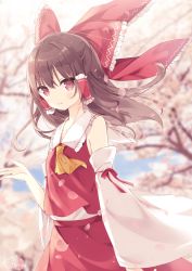 Rule 34 | 1girl, ascot, bare shoulders, blurry, blurry background, blush, bow, brown hair, cherry blossoms, collared shirt, commentary request, day, detached sleeves, frilled bow, frilled shirt collar, frills, hair between eyes, hair bow, hair tubes, hakurei reimu, hand up, hoshi (snacherubi), japanese clothes, looking at viewer, medium hair, miko, outdoors, petals, petticoat, red bow, red eyes, red shirt, red skirt, ribbon-trimmed sleeves, ribbon trim, shirt, sidelocks, skirt, skirt set, sleeveless, sleeveless shirt, smile, solo, touhou, yellow ascot