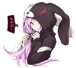 Rule 34 | 10s, 1girl, danganronpa (series), hair ornament, hair tubes, hood, hooded jacket, hoodie, jacket, long hair, looking at viewer, low twintails, monokuma, one eye closed, open clothes, open jacket, purple hair, red eyes, simple background, smile, solo, toromera, twintails, upper body, vocaloid, voiceroid, white background, yuzuki yukari