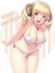 Rule 34 | 1girl, :d, bad id, bad pixiv id, bikini, blonde hair, breasts, cleavage, headphones, highres, jewelry, kamiyama aya, large breasts, leaning forward, navel, necklace, nitroplus, open mouth, plump, short twintails, smile, solo, star (symbol), super pochaco, swimsuit, thighs, twintails, white bikini, yellow eyes