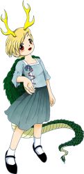 Rule 34 | 1girl, antlers, blonde hair, blouse, blue dress, blue shirt, dragon girl, dragon horns, dragon tail, dress, full body, horns, kicchou yachie, monster girl, official art, red eyes, scales, shirt, short hair, socks, solo, tagme, tail, touhou, transparent background, turtle shell, wily beast and weakest creature, zun (artist)