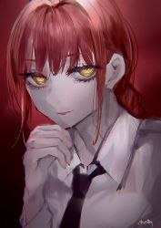 Rule 34 | 1girl, absurdres, bad id, bad twitter id, black necktie, chainsaw man, closed mouth, collared shirt, hand up, highres, lipstick, long hair, looking at viewer, makeup, makima (chainsaw man), mile (off8mile), necktie, red background, red hair, red lips, ringed eyes, shirt, signature, solo, upper body, white shirt, wing collar, yellow eyes