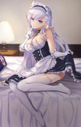Rule 34 | 1girl, apron, azur lane, bed, bed sheet, belfast (azur lane), blue eyes, blurry, braid, breasts, chain, cleavage, clothes lift, collar, commentary request, depth of field, desk lamp, dress, dress lift, elbow gloves, feet, finger to mouth, french braid, garter straps, gloves, head tilt, highres, index finger raised, kon (k0n16), lamp, lifted by self, long hair, looking at viewer, maid, maid apron, maid headdress, no shoes, silver hair, sitting, smile, solo, white gloves, white legwear