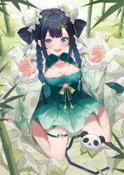 Rule 34 | 1girl, :d, absurdres, bamboo, bamboo hair ornament, bare shoulders, black hair, blue eyes, blue hair, blush, braid, breasts, bun cover, china dress, chinese clothes, cleavage, cleavage cutout, clothing cutout, covered collarbone, detached sleeves, dot nose, double bun, dress, fangs, from above, girimi (virtuareal), gradient hair, grass, green dress, green footwear, green nails, hair bun, hair ornament, hair tie, highres, hitokuchii, kneeling, long bangs, looking at viewer, lower teeth only, medium breasts, multicolored hair, nail polish, nature, nijisanji, open mouth, panda brooch, paw pose, pleated dress, pom pom (clothes), pom pom hair ornament, sidelocks, skindentation, smile, solo, streaked hair, teeth, thigh strap, twin braids, virtual youtuber, virtuareal, wide sleeves