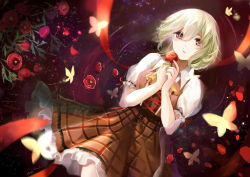 Rule 34 | 1girl, ascot, bug, butterfly, flower, gradient background, green hair, insect, kazami yuuka, kita (kitairoha), looking at viewer, plaid, plaid skirt, puffy sleeves, red eyes, rose, short hair, skirt, solo, touhou