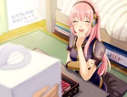 Rule 34 | 1girl, anniversary, armband, artist name, bed, black shirt, blurry foreground, blush, book, box, commentary, detached sleeves, closed eyes, food, gold trim, grey shirt, hand to own mouth, headphones, holding, holding box, indoors, megurine luka, nokuhashi, pink hair, room, see-through, shirt, shoulder tattoo, single sleeve, sitting, sushi, tattoo, tuna, vocaloid