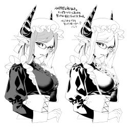 Rule 34 | 1girl, absurdres, adjusting eyewear, apron, breasts, collared dress, dragon girl, dragon horns, dress, eyelashes, frilled apron, frills, glasses, greyscale, hat, highres, horns, long sleeves, looking at viewer, maid, maid headdress, melusine (housamo), mob cap, monochrome, nakanakana, parted lips, pointy ears, puffy long sleeves, puffy sleeves, short hair, simple background, solo, tokyo houkago summoners, translation request, twitter username, upper body, variations