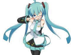 Rule 34 | 1girl, ahoge, aqua eyes, aqua hair, aqua necktie, arm behind back, bare shoulders, bespectacled, black skirt, black thighhighs, collared shirt, commentary request, cropped legs, detached sleeves, dress shirt, finger to eyewear, glasses, grey shirt, hatsune miku, head tilt, long hair, mamagogo (gomaep), necktie, number tattoo, one eye closed, open mouth, pleated skirt, red-framed eyewear, semi-rimless eyewear, shirt, shoulder tattoo, simple background, skirt, sleeveless, sleeveless shirt, smile, solo, tattoo, thighhighs, twintails, under-rim eyewear, vocaloid, white background
