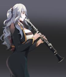 Rule 34 | 1girl, black background, breasts, camilla (fire emblem), clarinet, cowboy shot, curly hair, dress, fire emblem, fire emblem fates, from side, gradient background, holding, holding instrument, instrument, large breasts, long hair, nintendo, purple hair, simple background, smile, solo, wavy hair