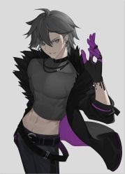 Rule 34 | 1boy, ahoge, bad id, bad pixiv id, belt, black choker, black jacket, choker, collarbone, earrings, eyes visible through hair, forever 7th capital, fur-trimmed jacket, fur trim, green eyes, grey background, grey hair, hair between eyes, hand on own hip, hole, jacket, jewelry, male focus, muscular, navel, necklace, parted lips, simple background, solo, standing, tight clothes, xssh