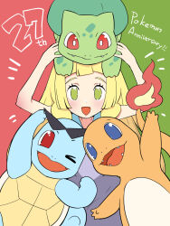 Rule 34 | 1girl, :d, anniversary, arms up, bare arms, blunt bangs, bulbasaur, charmander, commentary, copyright name, creatures (company), dress, eyelashes, flame-tipped tail, game freak, gen 1 pokemon, green eyes, happy, highres, kinocopro, lillie (pokemon), looking at viewer, nintendo, no pupils, on head, open mouth, pokemon, pokemon (creature), pokemon on head, pokemon sm, sleeveless, sleeveless dress, smile, squirtle, starter pokemon trio