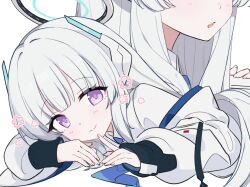 Rule 34 | 1girl, blue archive, blue necktie, closed mouth, halo, head rest, headphones, highres, jacket, light blush, long hair, looking at viewer, necktie, noa (blue archive), off shoulder, purple eyes, shirt, simple background, smile, white background, white hair, white jacket, white shirt, ymm007xx