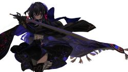Rule 34 | 1girl, black coat, black footwear, black gloves, black hair, black necktie, black thighhighs, blue hair, blue pupils, boots, bug, butterfly, closed mouth, coat, frills, gloves, grey background, hair between eyes, highres, holding, holding sword, holding weapon, insect, katana, long hair, multicolored hair, narue, necktie, original, patterned, patterned clothing, pink eyes, shirt tucked in, simple background, skirt, solo, sword, tassel, thigh boots, thighhighs, weapon