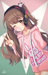 Rule 34 | 1girl, animal print, blush, brown eyes, brown hair, blowing bubbles, casual, chewing gum, d.va (overwatch), drawstring, dutch angle, facial mark, hair ornament, headphones, highres, hood, hood down, long hair, looking at viewer, one eye closed, one side up, overwatch, overwatch 1, peachy michi, rabbit hair ornament, rabbit print, solo, standing, swept bangs, v, whisker markings