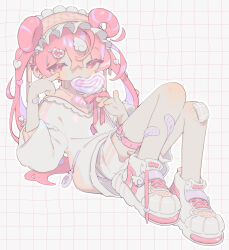 Rule 34 | 1girl, bandage on knee, bandaid, bandaid on arm, bandaid on leg, candy, colored inner hair, double bun, double vertical stripe, earrings, food, frilled headwear, grid background, hair bun, hair ornament, hair ribbon, heart, heart-shaped food, heart hair ornament, heart o-ring, highres, holding, holding candy, holding food, holding lollipop, jewelry, knees together feet apart, knees up, lightning bolt earrings, lightning bolt symbol, lollipop, long hair, looking at viewer, maid headdress, multicolored hair, official art, original, outline, pink eyes, pink hair, pink ribbon, pinky out, pointing, pointing at self, ribbon, shoes, shorts, sitting, sneakers, sparkle, sweater, tendoshi, thigh strap, tongue, tongue out, turtleneck, turtleneck sweater, twintails, white footwear, white outline, white shorts, wing hair ornament
