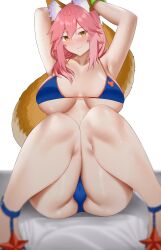 Rule 34 | 1girl, absurdres, animal ear fluff, animal ears, arind yudha, arms up, bangle, bikini, blue bikini, blue footwear, blue ribbon, blurry, blurry foreground, blush, bracelet, breasts, breasts apart, closed mouth, collarbone, commentary, english commentary, fang, fate/grand order, fate (series), fox ears, fox girl, fox print, fox tail, green wristband, hair between eyes, hair ribbon, high heels, highres, jewelry, knees together feet apart, knees up, large breasts, legs, long bangs, looking at viewer, low ponytail, orange trim, pink hair, pink lips, ribbon, sitting, skin fang, smile, solo, swimsuit, tail, tamamo (fate), tamamo no mae (fate/extra), tamamo no mae (swimsuit lancer) (fate), tamamo no mae (swimsuit lancer) (third ascension) (fate), thick thighs, thighs, underboob, white background, yellow eyes