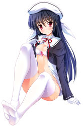 Rule 34 | 1girl, amamiya yuuko, breasts, cleavage, closed mouth, ef (visual novel), full body, hat, head tilt, highres, long hair, looking at viewer, medium breasts, no pants, open clothes, red eyes, simple background, sitting, smile, solo, thighhighs, very long hair, white background, white hat, white thighhighs, yagami-all hail nanao