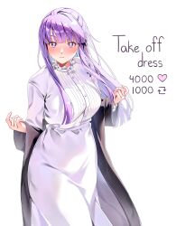 Rule 34 | 1girl, absurdres, blush, breasts, buttons, collared dress, commentary, curvy, dress, english commentary, english text, fern (sousou no frieren), frilled shirt collar, frills, highres, large breasts, long bangs, long dress, long hair, long sleeves, looking at viewer, machulanko, meme, pout, purple eyes, purple hair, simple background, solo, sousou no frieren, standing, straight hair, sweat, twitter strip game (meme), undressing, white background, white dress