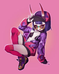 Rule 34 | 1girl, breasts, eyebrows, fang, fate/grand order, fate (series), fingernails, hand on headwear, hat, highres, horns, jacket, long sleeves, looking at viewer, makeup, nail polish, oni, open clothes, open jacket, open mouth, pink background, purple eyes, purple hair, purple nails, revealing clothes, shoes, short hair, shuten douji (fate), simple background, skin-covered horns, small breasts, solo, sunglasses, thighhighs, thighs, tongue, unzipped, wtcolor, zipper