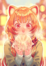 Rule 34 | 1girl, abstract background, animal ears, baozi, checkered clothes, checkered scarf, commentary request, eating, food, highres, holding, holding food, jacket, long hair, long sleeves, minami seira, orange hair, raccoon ears, raccoon girl, raphtalia, red eyes, red scarf, ribbed sweater, scarf, signature, solo, steam, sweater, tate no yuusha no nariagari, white sweater, yellow jacket