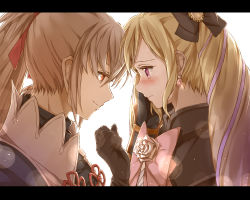 Rule 34 | 1boy, 1girl, blonde hair, blush, brown eyes, brown hair, delsaber, drill hair, earrings, elise (fire emblem), eye contact, fire emblem, fire emblem fates, flower, gloves, hair ribbon, hand on another&#039;s cheek, hand on another&#039;s face, hetero, jewelry, letterboxed, looking at another, nintendo, purple eyes, ribbon, rose, takumi (fire emblem)
