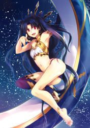 Rule 34 | barefoot, blue hair, breasts, detached sleeves, earrings, fate/grand order, fate (series), feet, highres, hip focus, hoop earrings, ishtar (fate), jewelry, long hair, medium breasts, nakashima tai, navel, no shoes, pointing, red eyes, single detached sleeve, single thighhigh, smile, solo, star (sky), thighhighs, thighs, toe-point, toeless legwear, toes, tohsaka rin