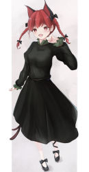 Rule 34 | 1girl, :d, absurdres, animal ears, black bow, black footwear, blush, bow, braid, breasts, cat ears, cat tail, dress, extra ears, fang, footwear bow, full body, green dress, grey background, hair bow, hand up, highres, juliet sleeves, kaenbyou rin, long hair, long sleeves, looking at viewer, multiple tails, nail polish, nekomata, open mouth, paw pose, phos phos, pillarboxed, puffy sleeves, red eyes, red hair, red nails, simple background, skin fang, small breasts, smile, solo, standing, tail, touhou, twin braids, twintails, two tails