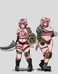 Rule 34 | 2girls, abs, animal ears, artist request, belt bra, blush, breasts, cleavage, fantasy, female orc, grin, highres, large breasts, looking at viewer, monster girl encyclopedia, multiple girls, muscular, muscular female, navel, orc, orc (monster girl encyclopedia), pink hair, red eyes, revealing clothes, scar, shield, short hair, sideboob, smile, standing, sword, thick thighs, thighs, udetamago, underboob, weapon