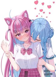 Rule 34 | 2girls, @ @, ahoge, animal ear fluff, animal ears, black bow, blue hair, blush, bow, bowtie, braid, breasts, cat ears, cat girl, cat hair ornament, closed eyes, closed mouth, collarbone, collared shirt, colored inner hair, commentary, dress, frilled sleeves, frills, grabbing, grabbing from behind, hair between eyes, hair bow, hair bun, hair ornament, hair ribbon, hairclip, hand on another&#039;s arm, heart, highres, holding another&#039;s wrist, hololive, hoshimachi suisei, hoshimachi suisei (school uniform), large breasts, light blue hair, long hair, looking at viewer, minato aqua, minato aqua (school uniform), multicolored hair, multiple girls, official alternate costume, pink bow, pink bowtie, pink eyes, pink hair, pink skirt, plaid, plaid bow, plaid bowtie, plaid skirt, pleated skirt, purple eyes, ribbon, school uniform, shirt, shirt tucked in, short sleeves, simple background, single side bun, skirt, streaked hair, striped, striped ribbon, sweat, sweatdrop, tobidasu00, two-tone hair, virtual youtuber, white background, white dress, white ribbon, white shirt, white skirt, x hair ornament, yuri