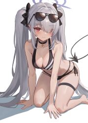 Rule 34 | 1girl, all fours, barefoot, bikini, black bikini, black choker, blue archive, blush, breasts, choker, cleavage, closed mouth, dark-skinned female, dark skin, demon tail, eyes visible through hair, eyewear on head, fanteam, foot out of frame, grey hair, hair over one eye, halo, highres, iori (blue archive), iori (swimsuit) (blue archive), long hair, looking at viewer, multi-strapped bikini bottom, navel, pointy ears, red eyes, small breasts, solo, stomach, sunglasses, swimsuit, tail, thigh strap, twintails, very long hair