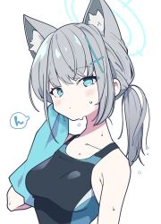 Rule 34 | 1girl, animal ear fluff, animal ears, blue archive, blush, breasts, closed mouth, competition swimsuit, cross hair ornament, grey hair, hair ornament, halo, highres, long hair, looking at viewer, medium breasts, mismatched pupils, mzh, one-piece swimsuit, ponytail, shiroko (blue archive), shiroko (swimsuit) (blue archive), simple background, solo, swimsuit, towel, upper body, wet, white background