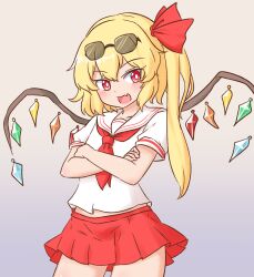 1girl :d blonde_hair blush bright_pupils commentary_request cowboy_shot crossed_arms crystal_wings eyewear_on_head fang flandre_scarlet hair_ribbon highres long_hair looking_at_viewer midriff_peek miniskirt mizusoba neckerchief open_mouth pleated_skirt red_eyes red_neckerchief red_ribbon red_skirt ribbon sailor_collar shirt skin_fang skirt smile solo split_mouth standing touhou white_pupils white_sailor_collar white_shirt wings