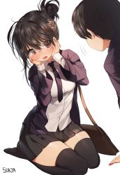 Rule 34 | 1boy, 1girl, bad id, bad pixiv id, bag, black hair, black thighhighs, blush, brown eyes, full-face blush, glasses, hands on own cheeks, hands on own face, necktie, open mouth, original, satchel, school uniform, seiza, simple background, sitting, skirt, sukja, thighhighs, thighs, white background, zettai ryouiki