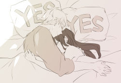 Rule 34 | 1boy, 1girl, bare shoulders, bed sheet, blanket, blush, closed eyes, closed mouth, hand on another&#039;s shoulder, hug, husband and wife, long hair, monochrome, short hair, sleeping, spy x family, takasawa kz e, twilight (spy x family), yes-no pillow, yor briar