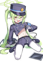 Rule 34 | 1girl, :d, absurdres, belt, black belt, black footwear, black hat, black jacket, black shorts, black tail, blue archive, blush, breasts, buttons, demon tail, double-breasted, fang, full body, gloves, green hair, green halo, halo, hat, hayashi itsuki, nozomi (blue archive), highres, jacket, long hair, long sleeves, looking at viewer, open mouth, pantyhose, peaked cap, pointy ears, shoes, shorts, simple background, skin fang, small breasts, smile, solo, tablet pc, tail, underboob, white background, white gloves, white pantyhose, yellow eyes