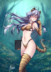 Rule 34 | 1girl, 86 -eightysix-, adsouto, ahoge, animal ears, animal print, bikini, billboard, blush, breasts, elbow gloves, fake animal ears, fake tail, field, flower, flower field, forest, gloves, grey eyes, grey hair, highres, long hair, medium breasts, nature, navel, neck bell, parted lips, revealing clothes, signature, solo, swimsuit, tail, thighhighs, tiger print, vladilena millize, wind, wind lift