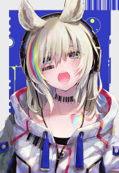 Rule 34 | 1girl, :o, animal ears, barcode, barcode tattoo, blue background, chestnut mouth, collarbone, hair over eyes, headphones, heart, highres, hood, hoodie, iridescent, long hair, looking at viewer, multicolored eyes, multicolored hair, original, solo, streaked hair, syuri22, tattoo, upper body, white hair, white hoodie